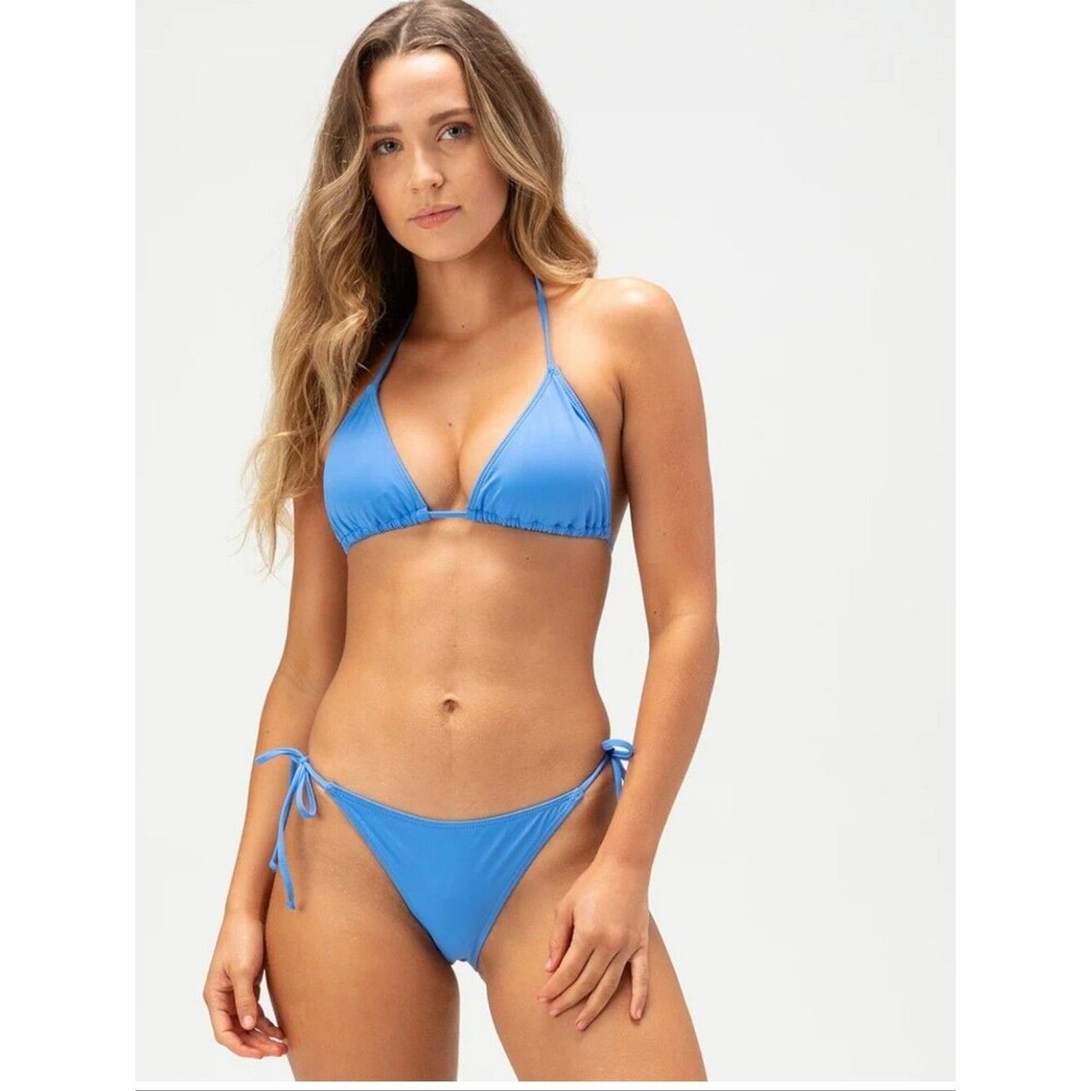 New FULL TILT Tie Side Cheeky Blue Swim Bikini Bottoms & Triangle Top Bra Size S